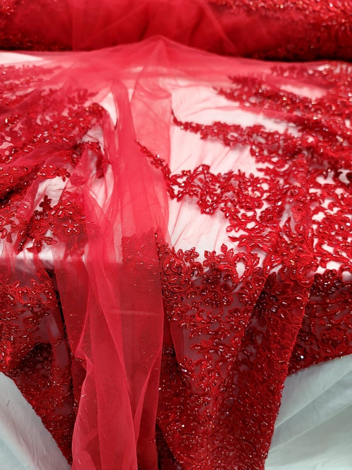 Beaded Embroidered Lace Fabric Red