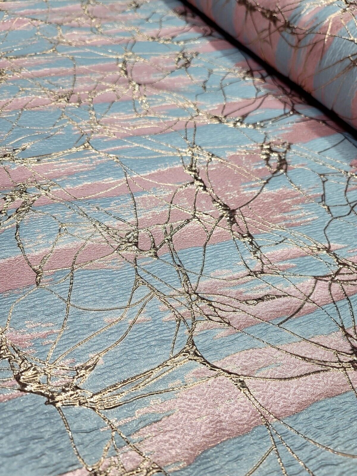 Brocade Jacquard Fabric Pink Sky Blue Metallic Rose Gold