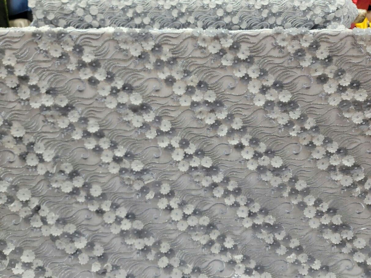 3D Floral Lace Gray Embroidery Sequin Fabric