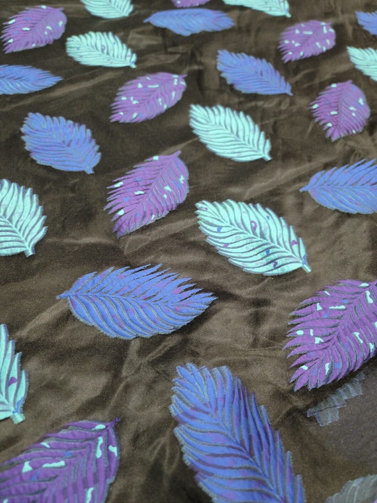 Organza Brocade Fabric Leaves Purple Aqua Blue on Black