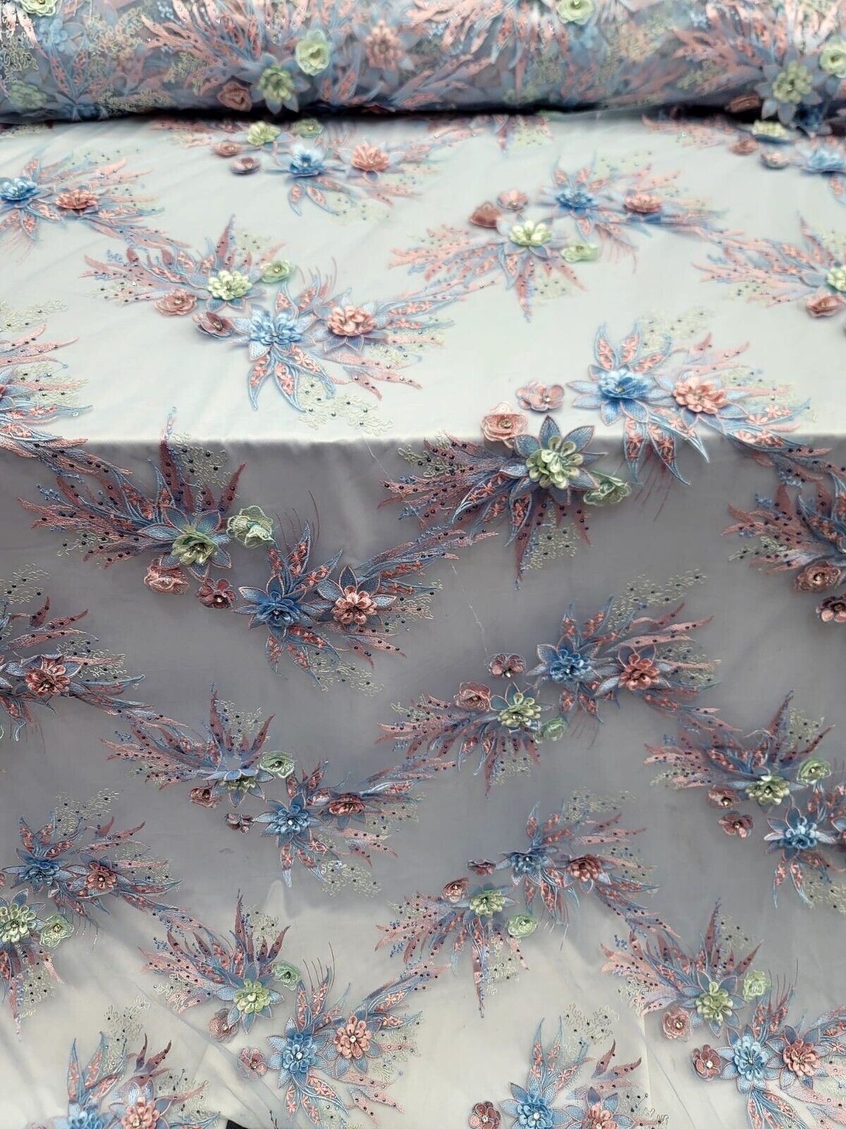 3D Floral Lace with Rhinestones in Sage Pink and Sky Blue