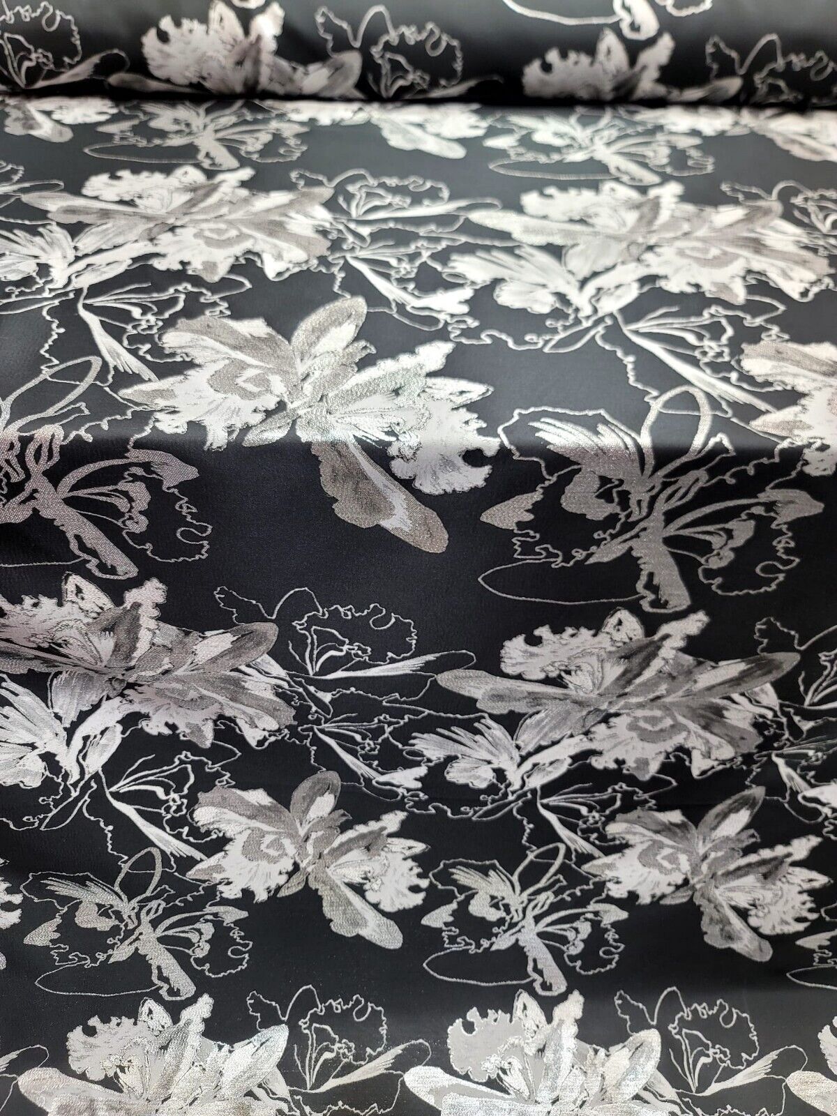 Silver Floral Black Brocade Fabric