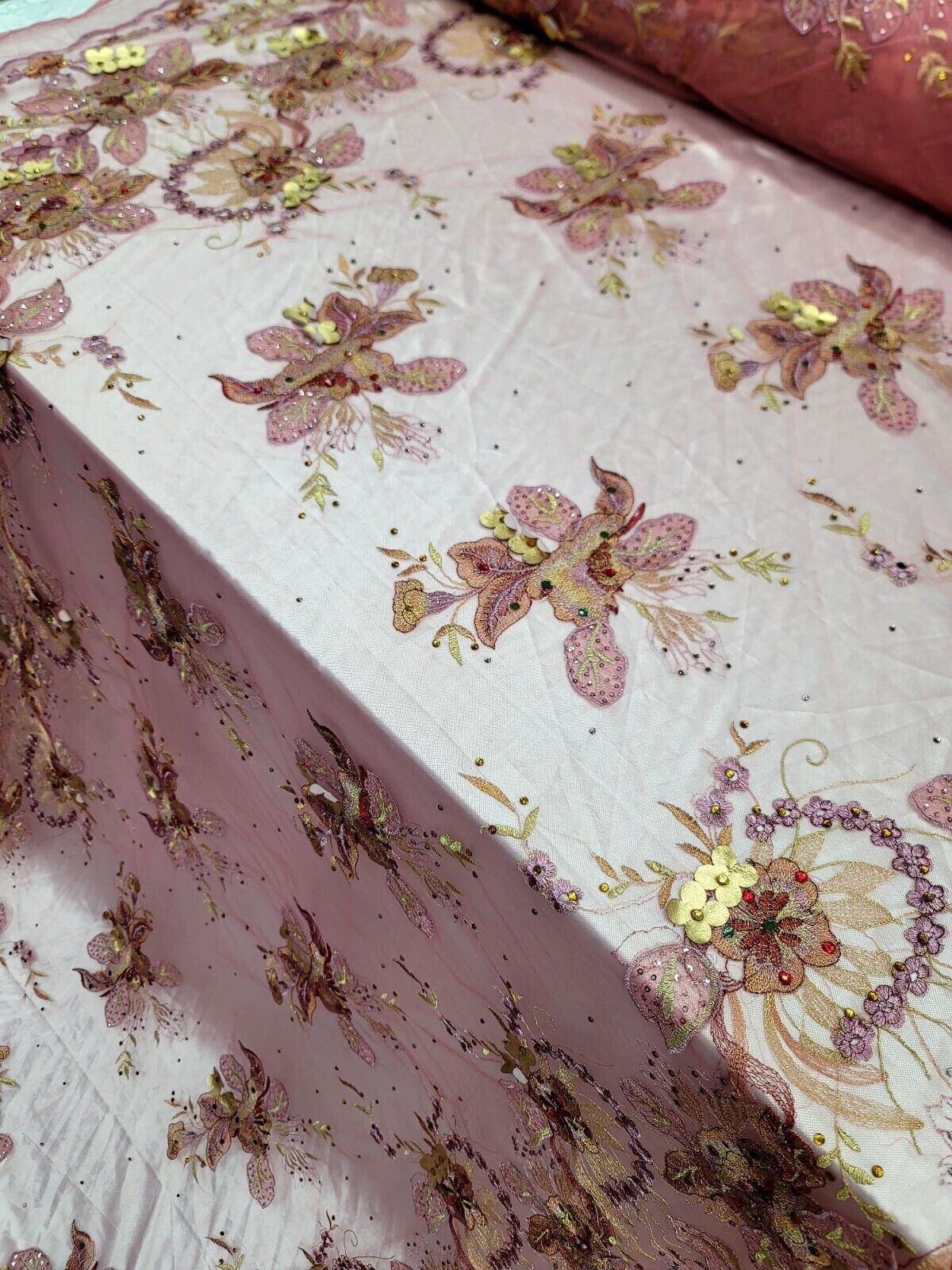 3D Floral Lace Fabric Coral Gold Rhinestone