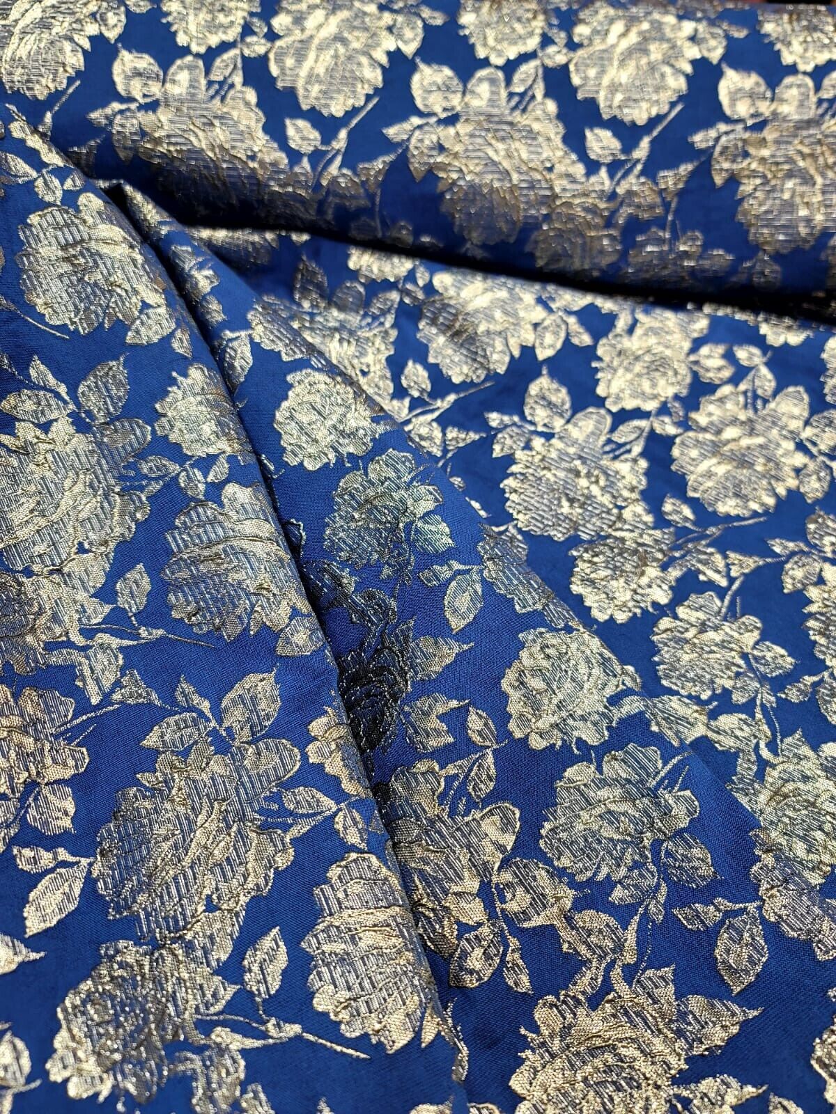 Royal Blue Brocade Fabric Metallic Silver Floral Emboss