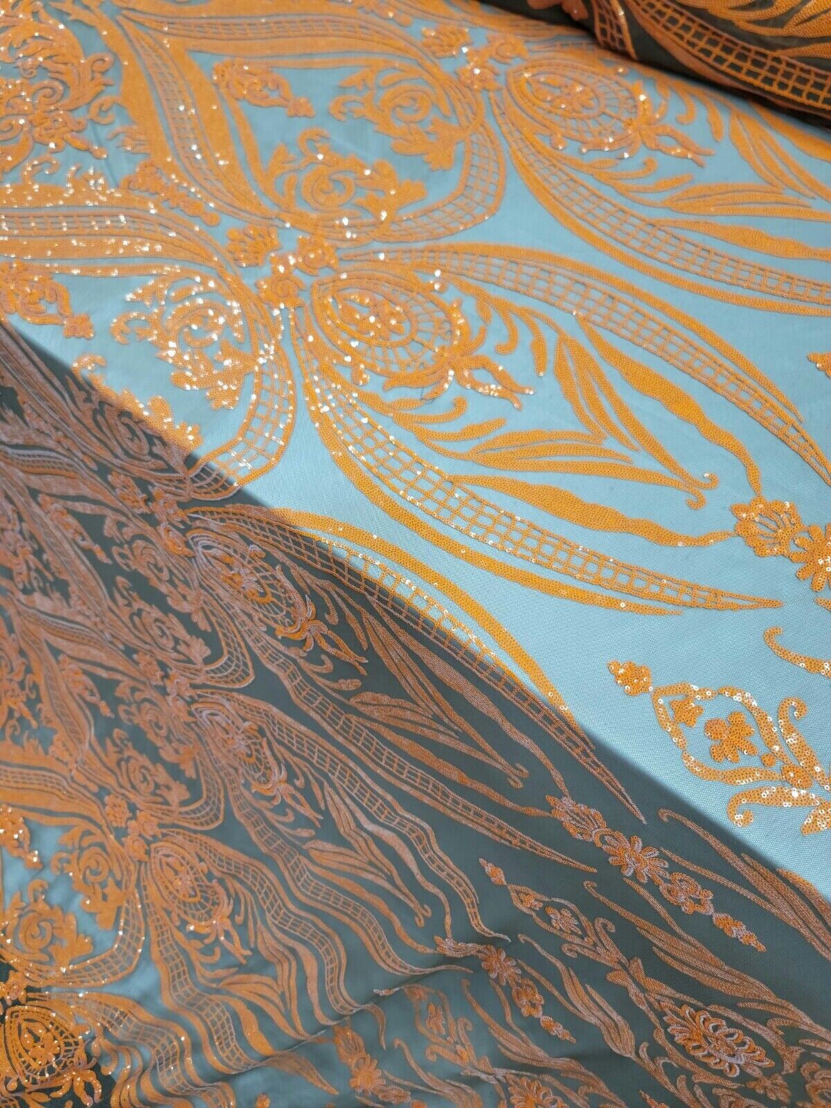 Orange Sequin Embroidered Lace Stretch Mesh Fabric
