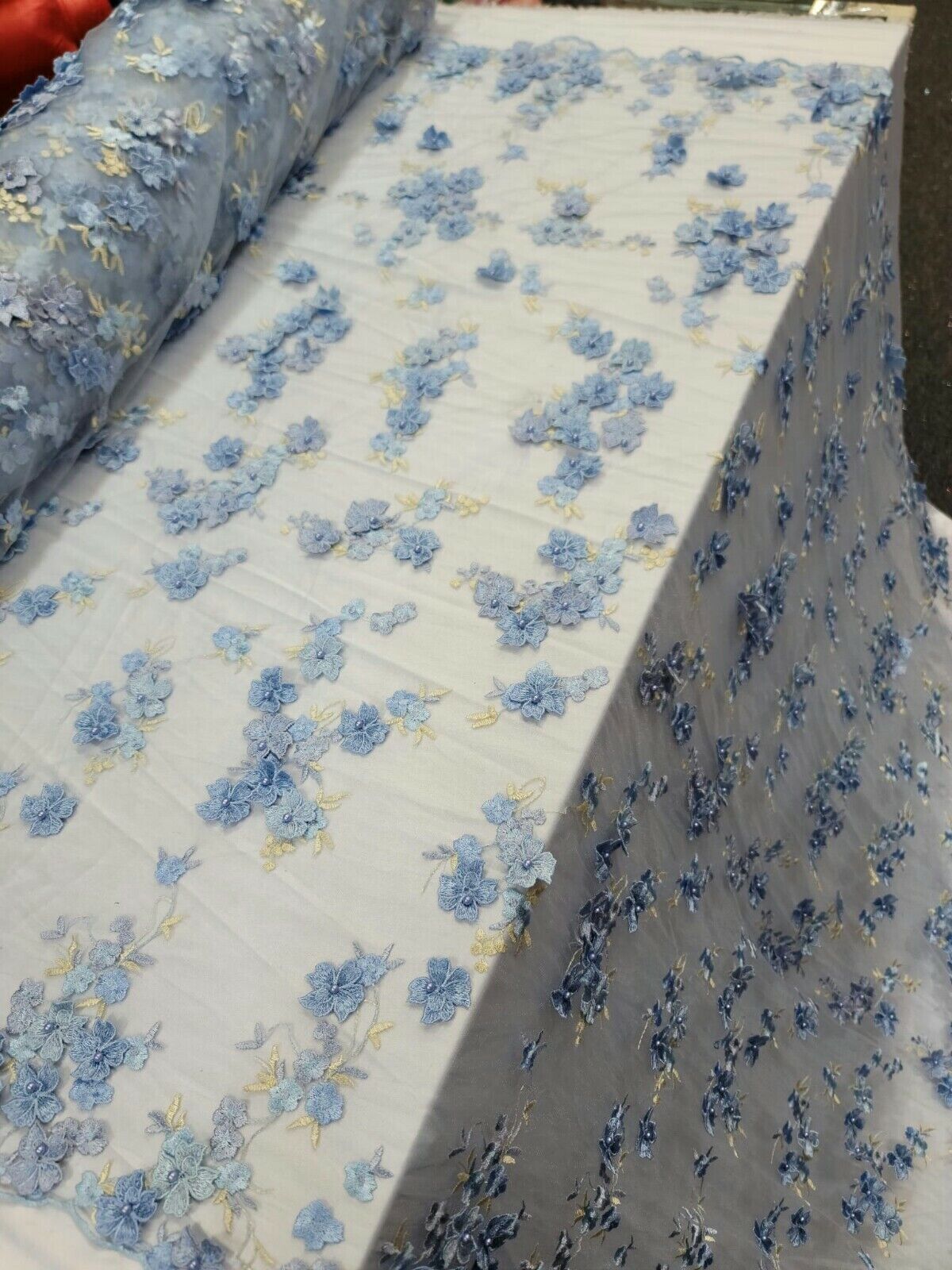 3D Floral Lace on Mesh Sky Blue and Light Yellow