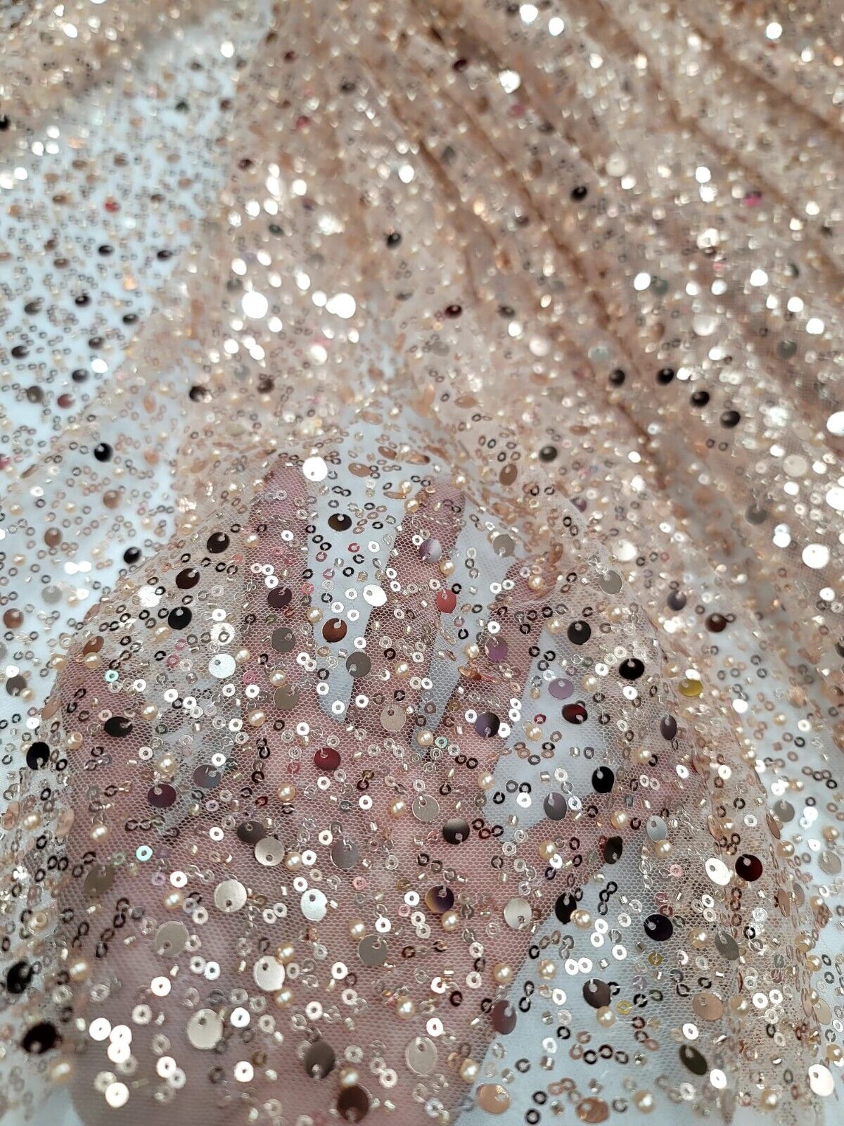 Rose Gold Sequins Beaded Embroidered Stretch Lace Fabric