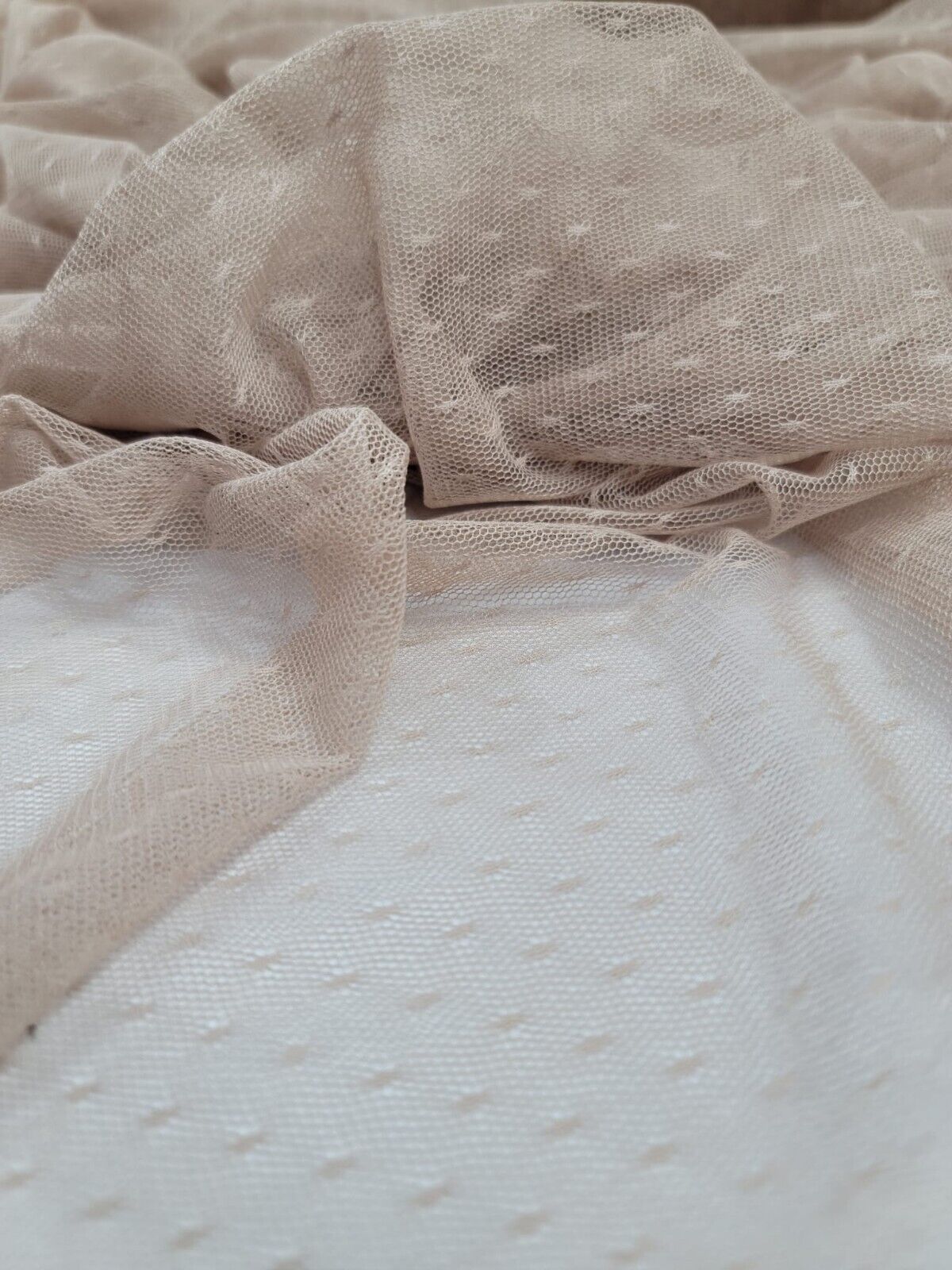 Embroidered Polka Dot Mesh Fabric Beige Champagne