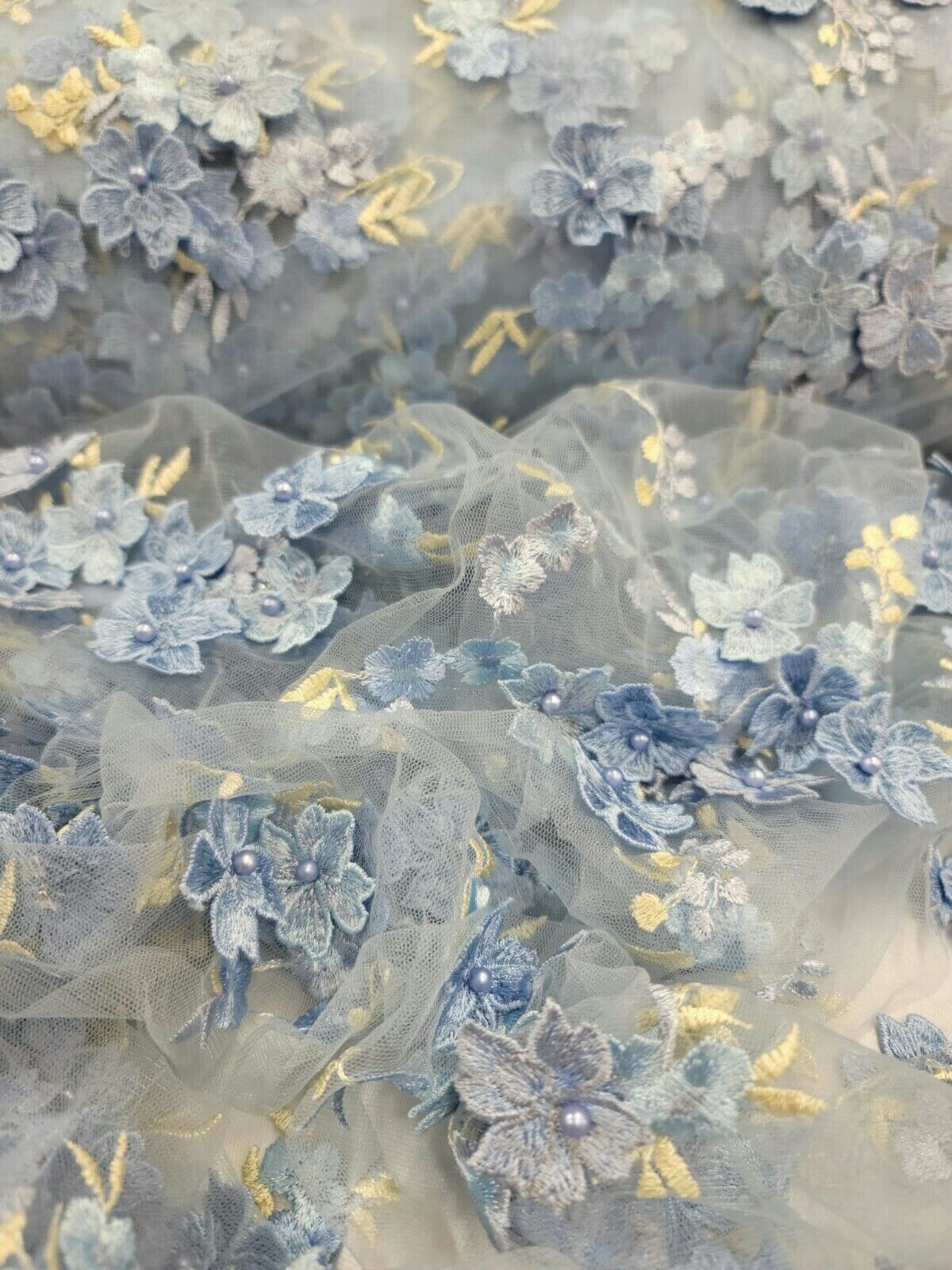 3D Floral Lace on Mesh Sky Blue and Light Yellow