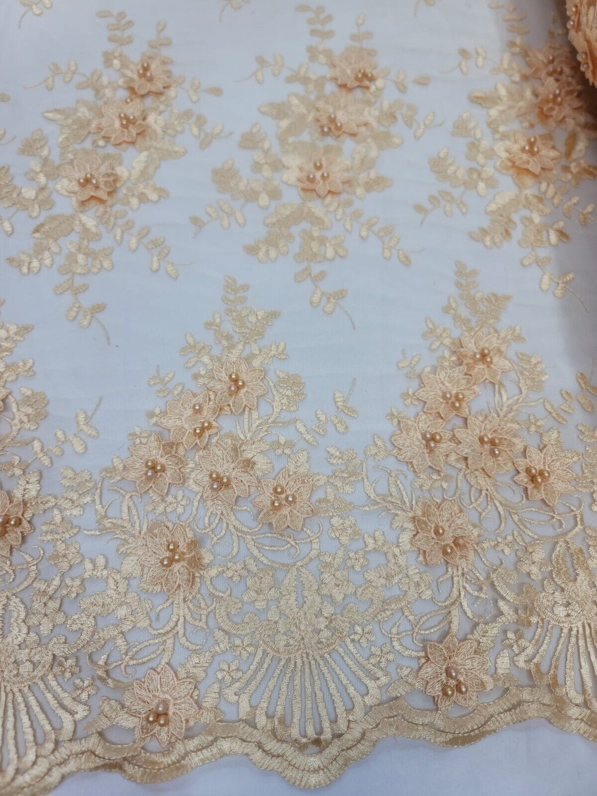 Beaded 3D Floral Lace Pale Yellow