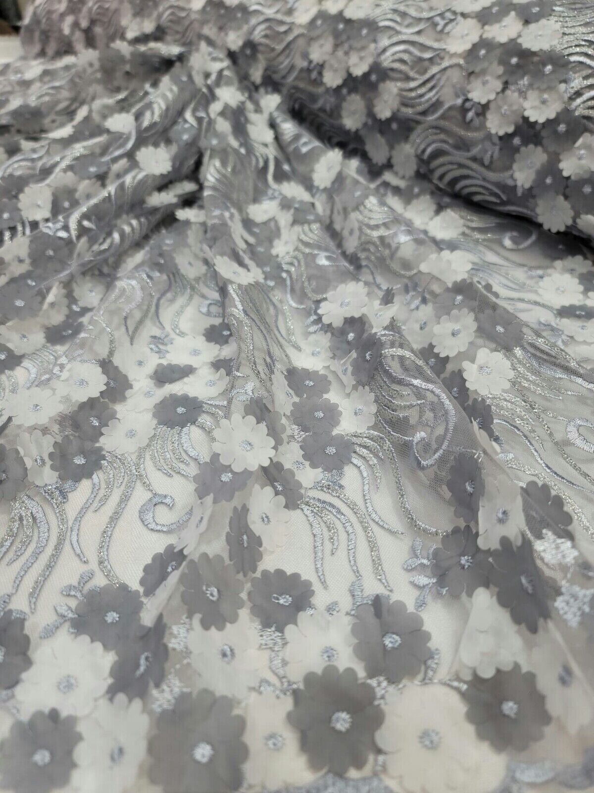 3D Floral Lace Gray Embroidery Sequin Fabric