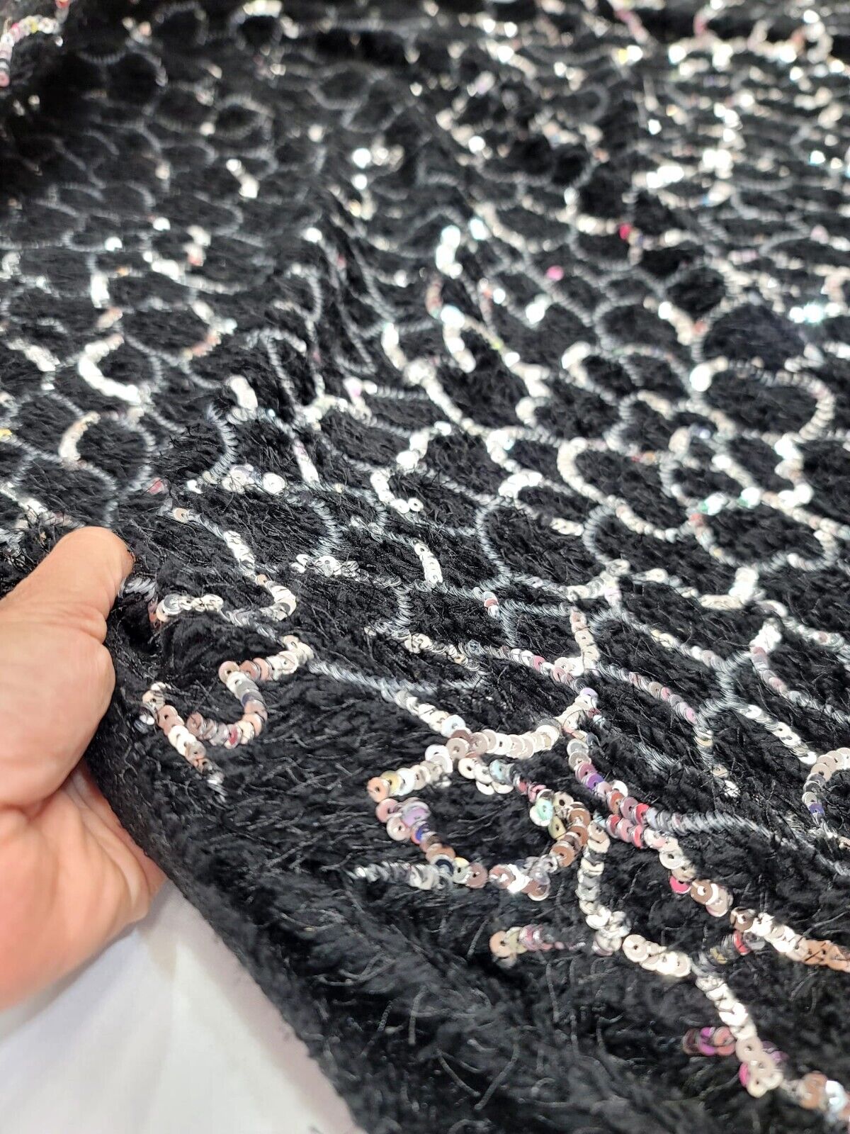 Sequin Faux Fur Stretch Fabric Black Silver