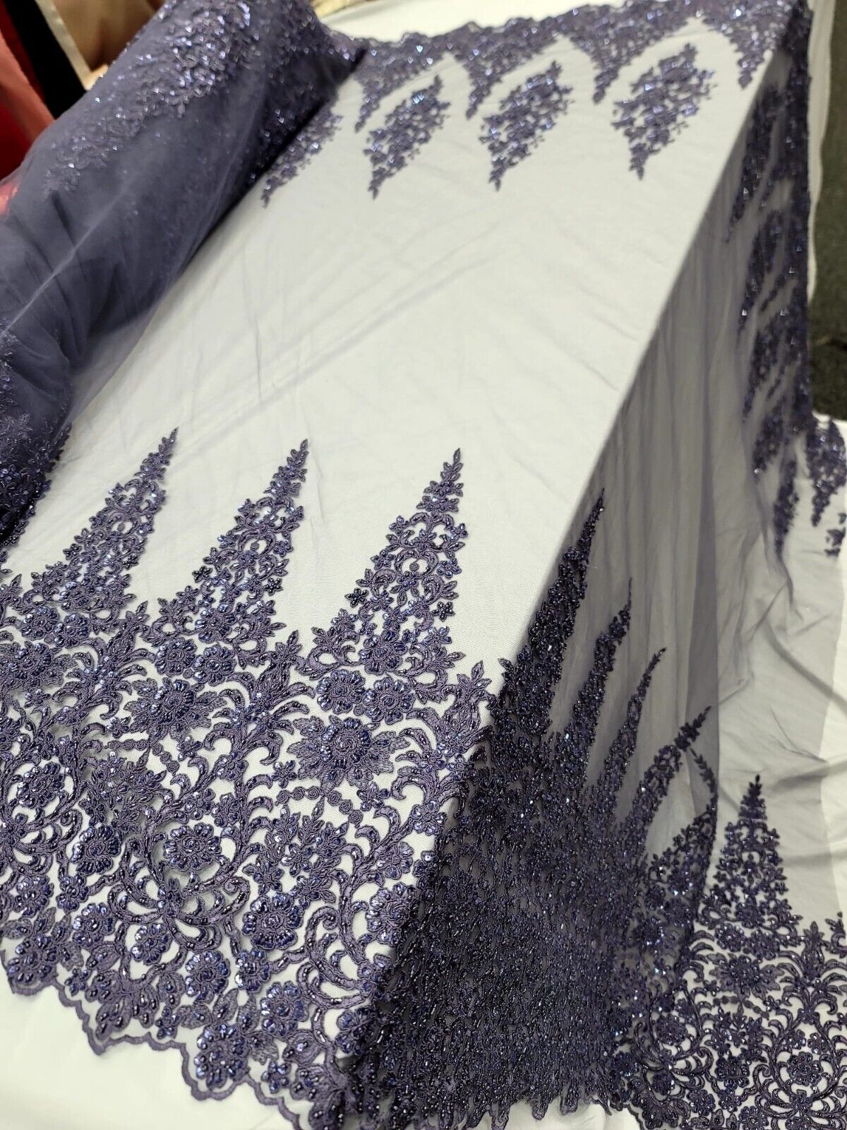 Beaded Embroidered Lace Fabric Purple Violet Edges