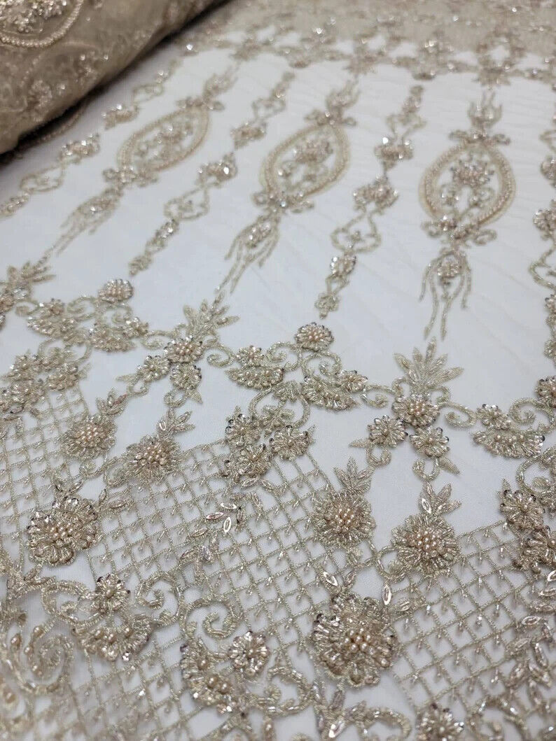 Beaded Lace Embroidery Floral Champagne