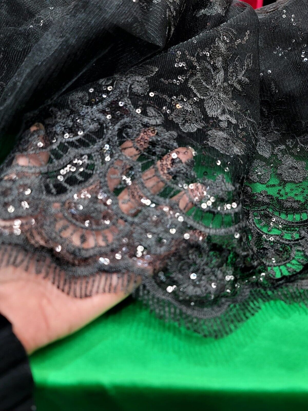 Black Embroidered Sequin Lace Fabric