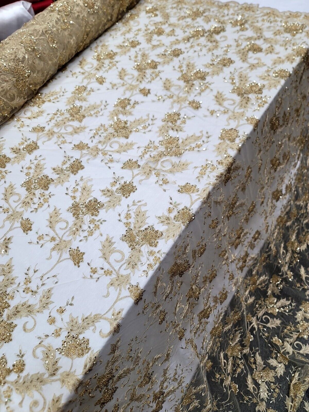 Gold Beaded Sequins Embroidery Bridal Lace
