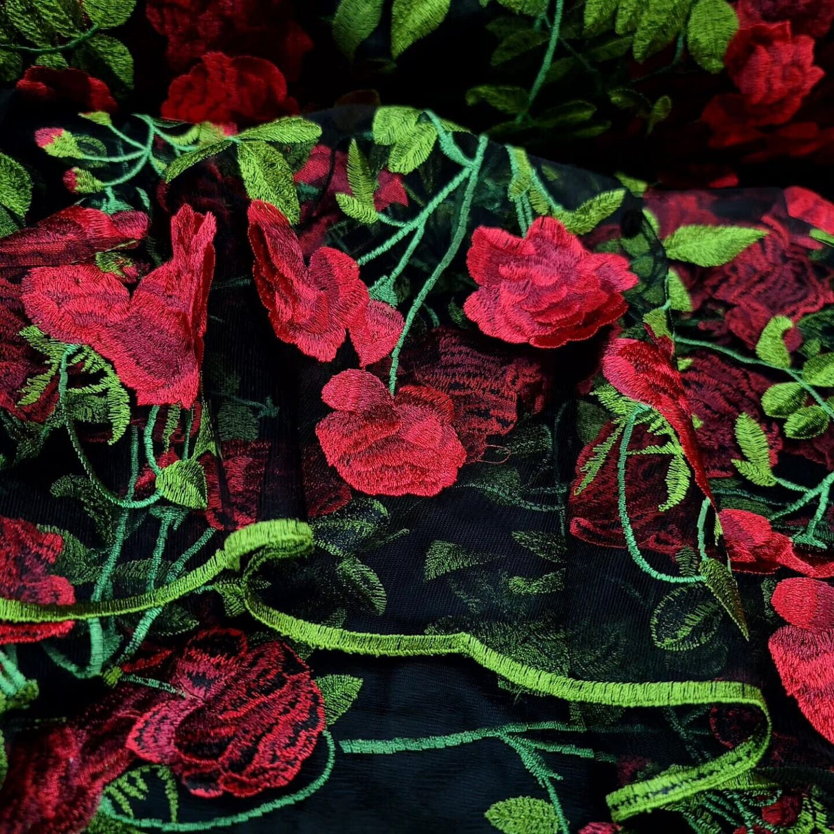 Embroidered Black Lace Fabric with Red and Green Flowers
