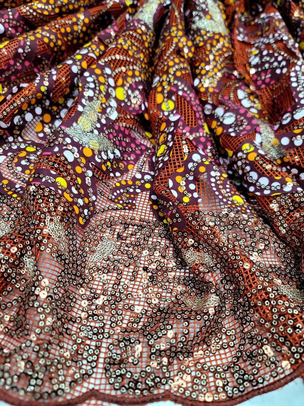 Maroon Sequins Embroidery Fish Net Lace