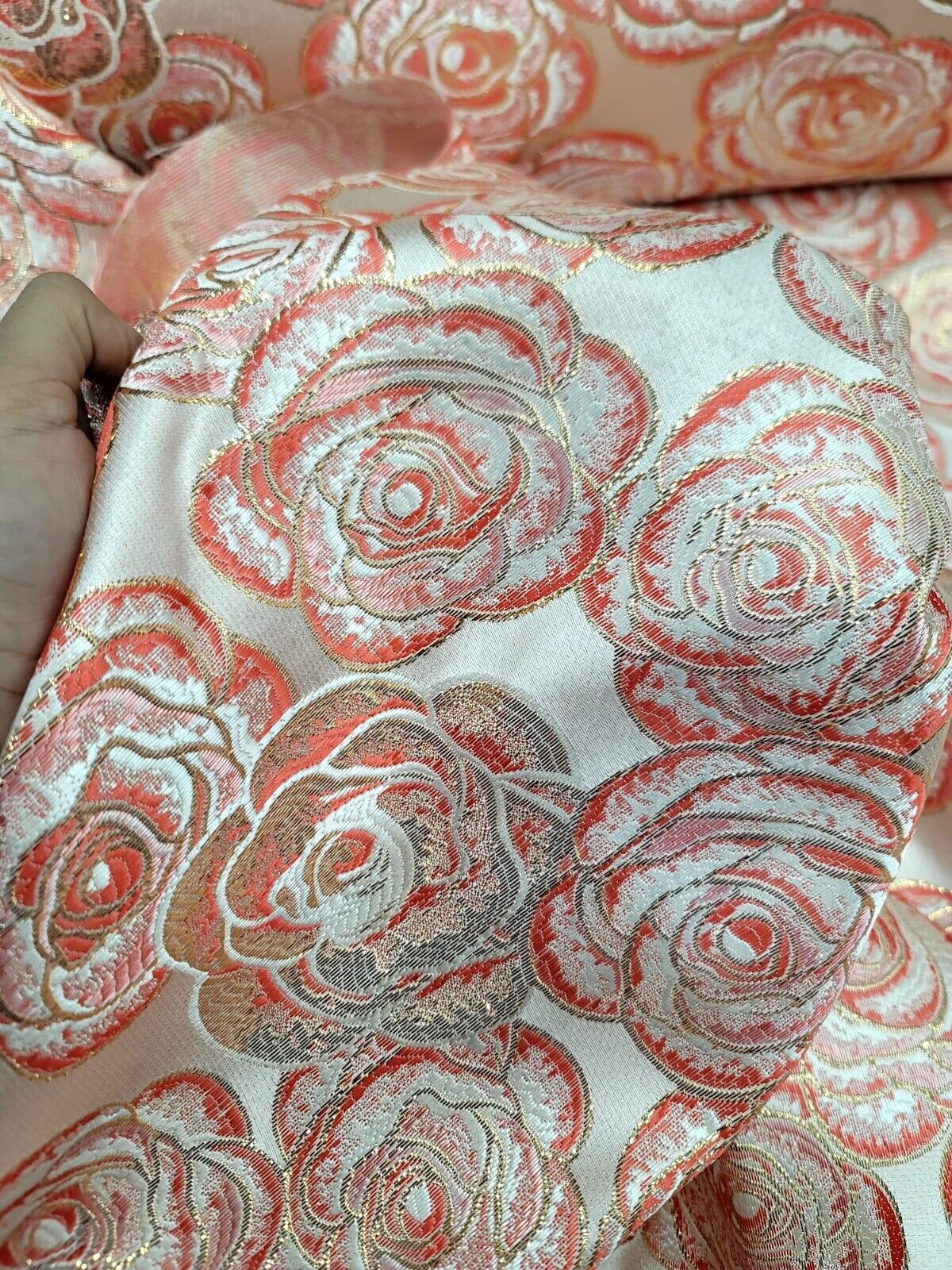 Brocade Jacquard Floral Coral Gold