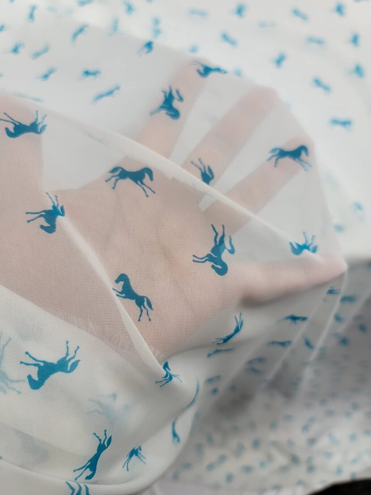 Printed Chiffon Fabric Blue Horses