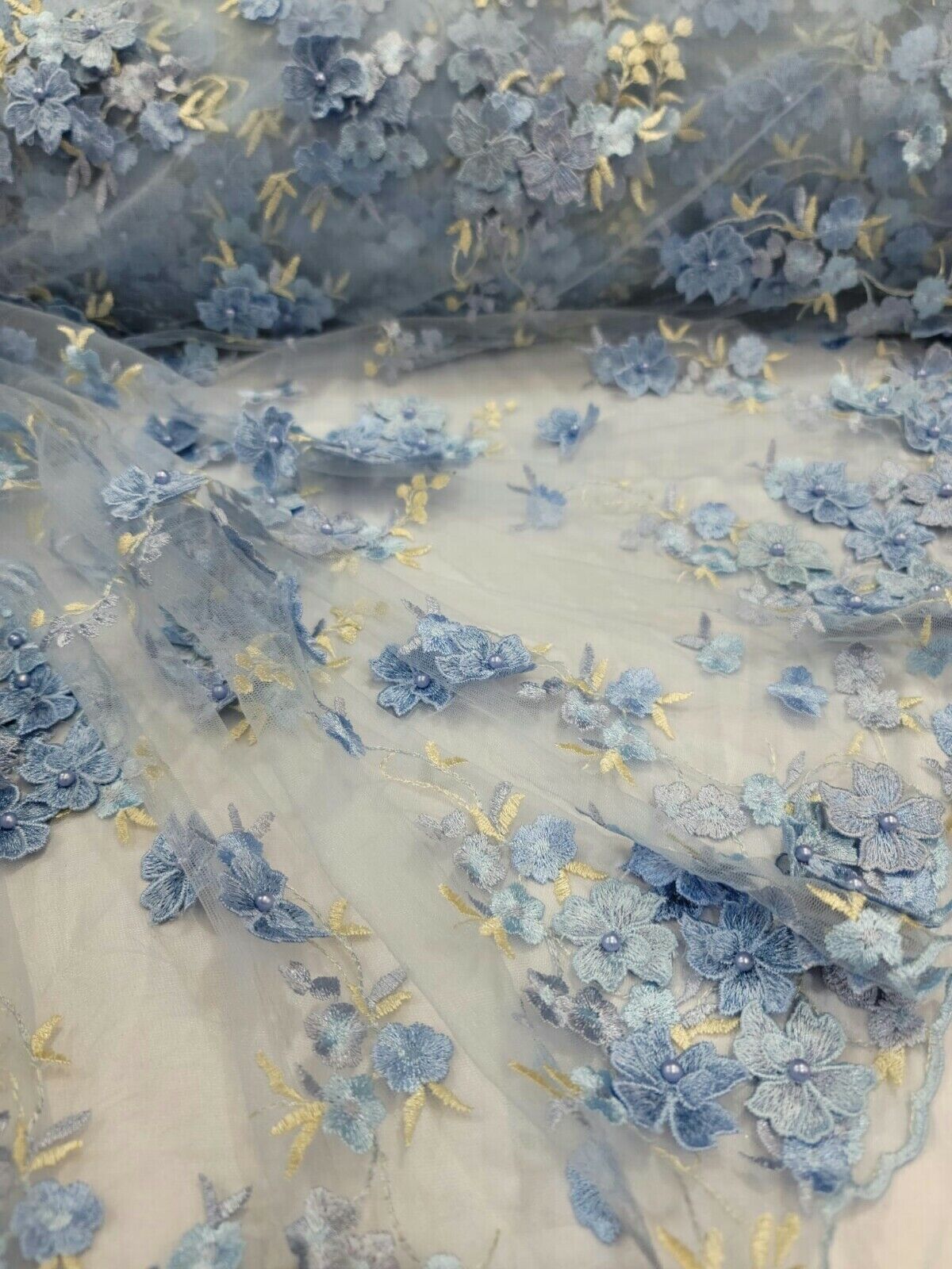 3D Floral Lace on Mesh Sky Blue and Light Yellow