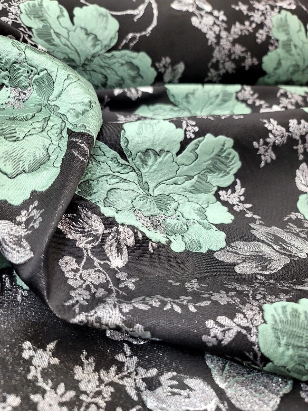 Brocade Jacquard Floral Fabric Sage Green Silver Black