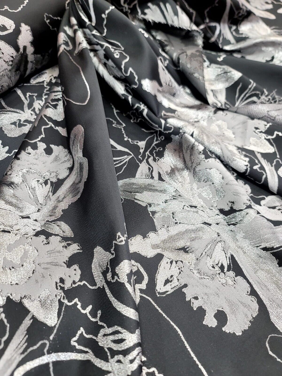 Silver Floral Black Brocade Fabric