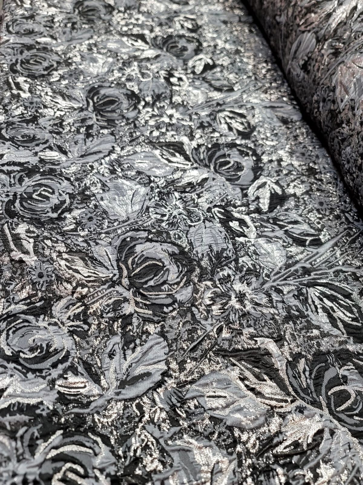 Floral Brocade Fabric Gray Metallic