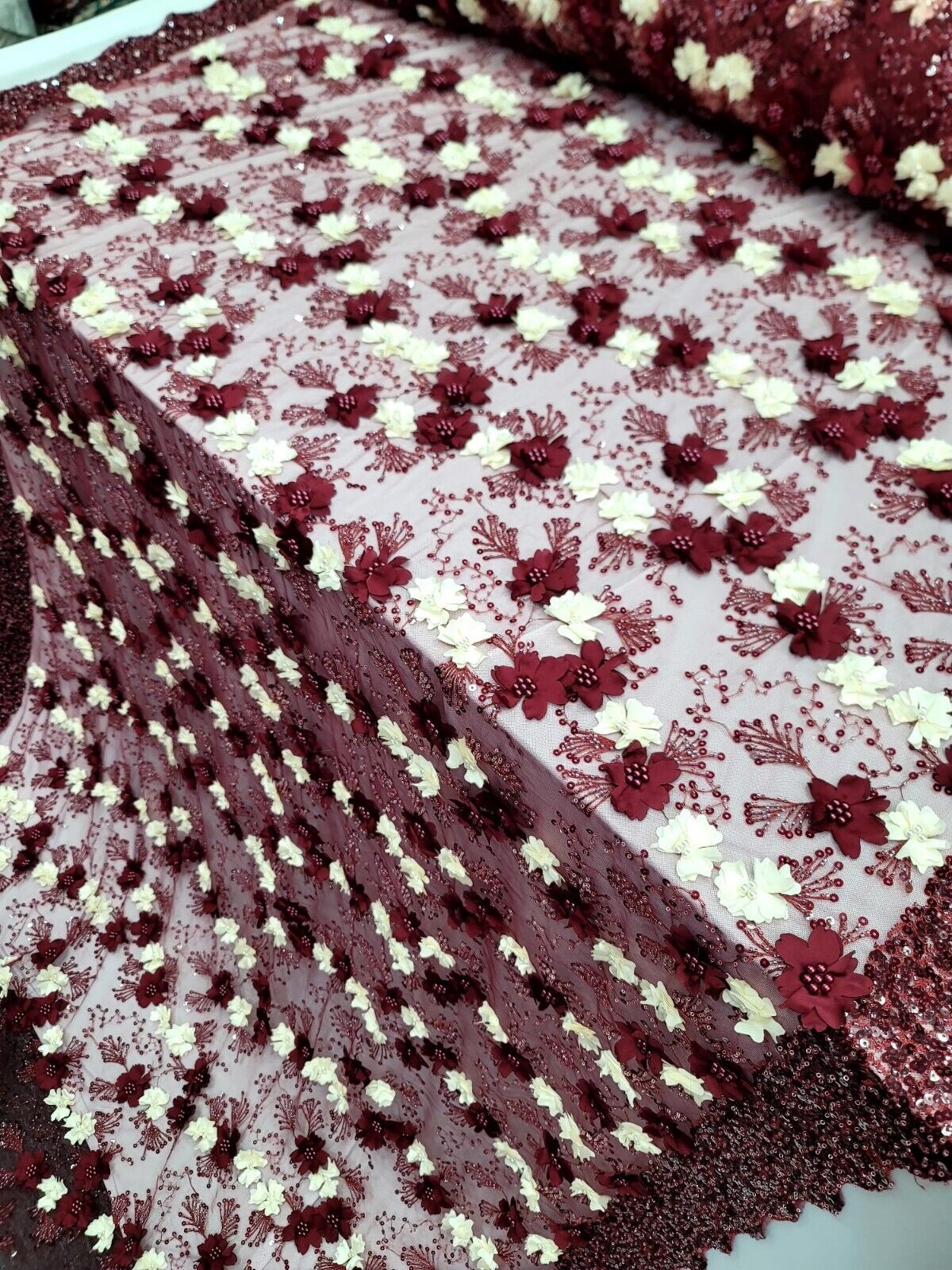 3D Floral Lace Burgundy Ivory Embroidered Mesh Fabric