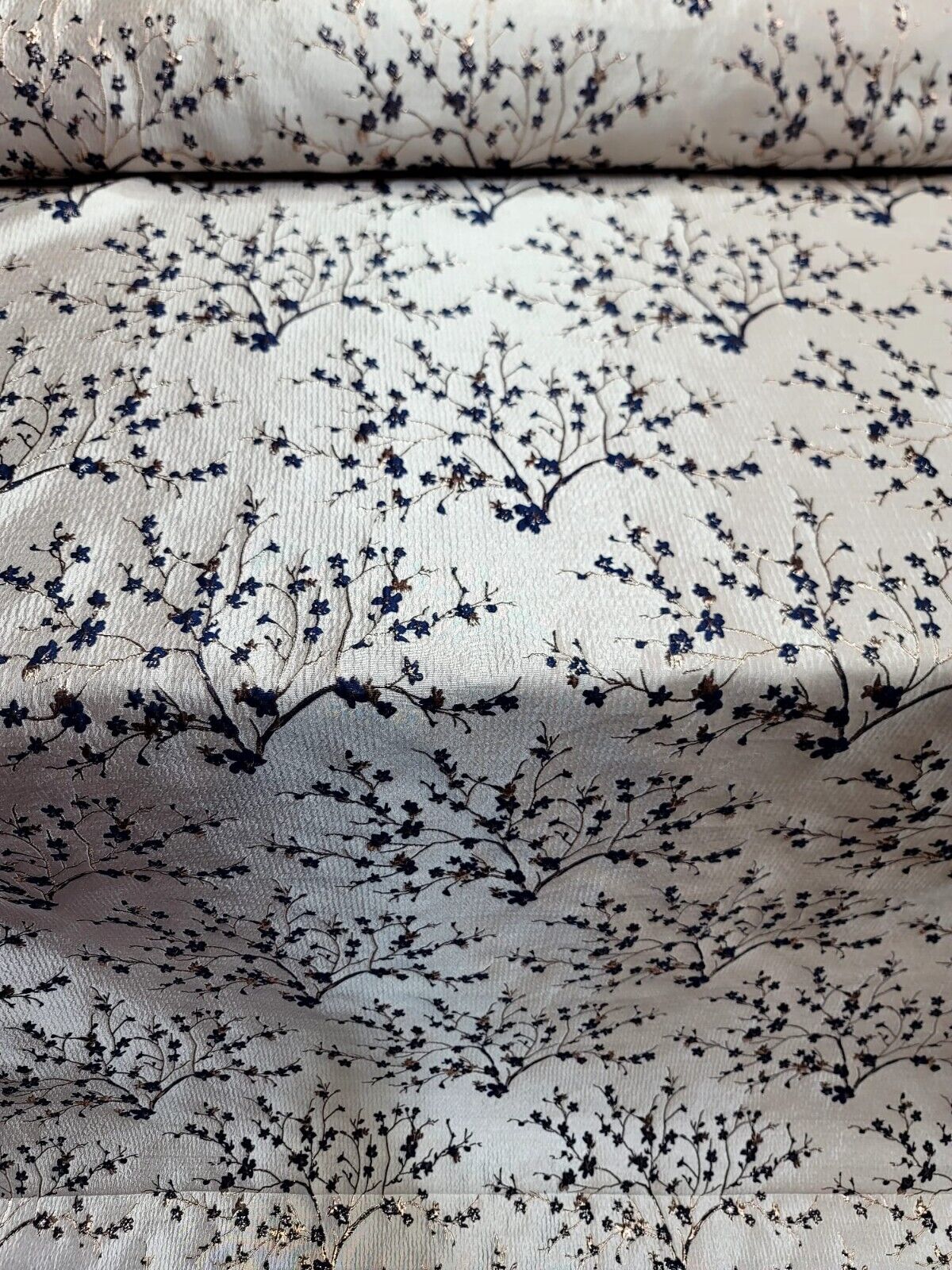 Brocade Jacquard Navy Blue Metallic Rose Gold Floral