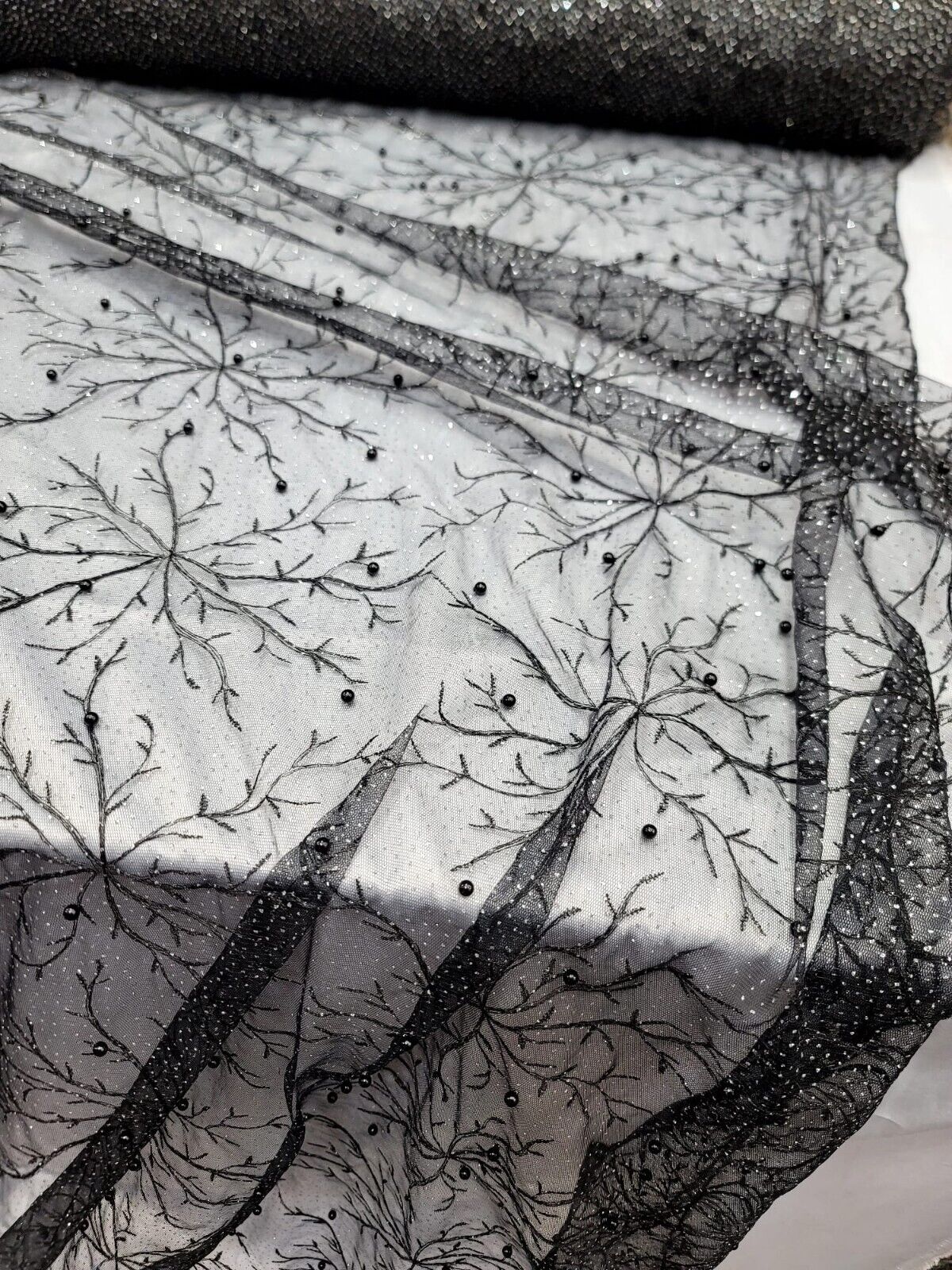 Embroidered Bridal Lace Fabric Black Silver