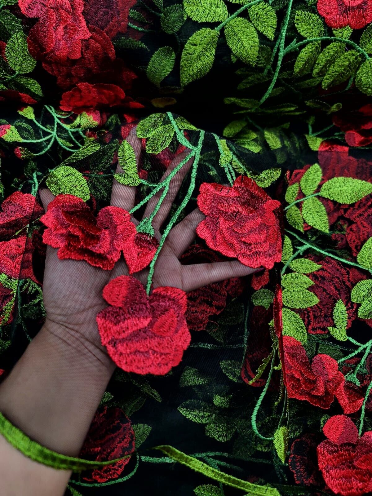 Embroidered Black Lace Fabric with Red and Green Flowers