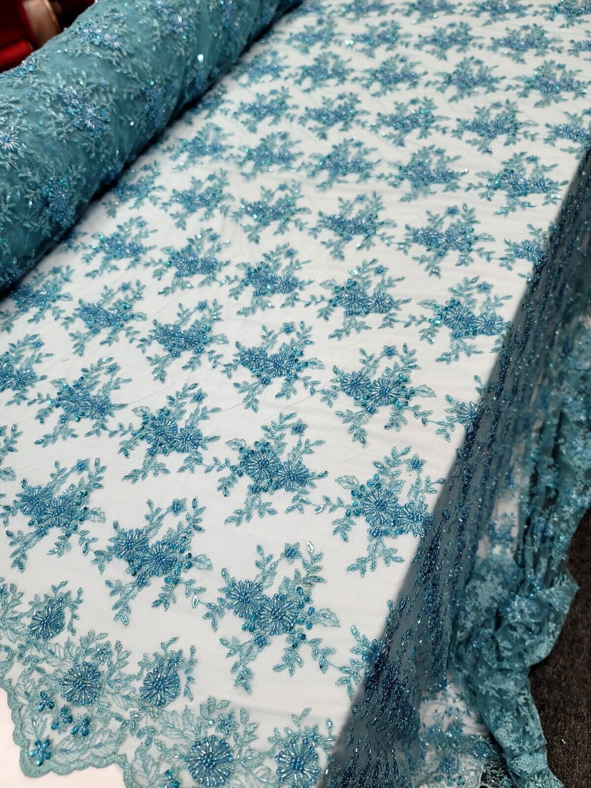 Beaded Embroidered Lace Fabric Turquoise