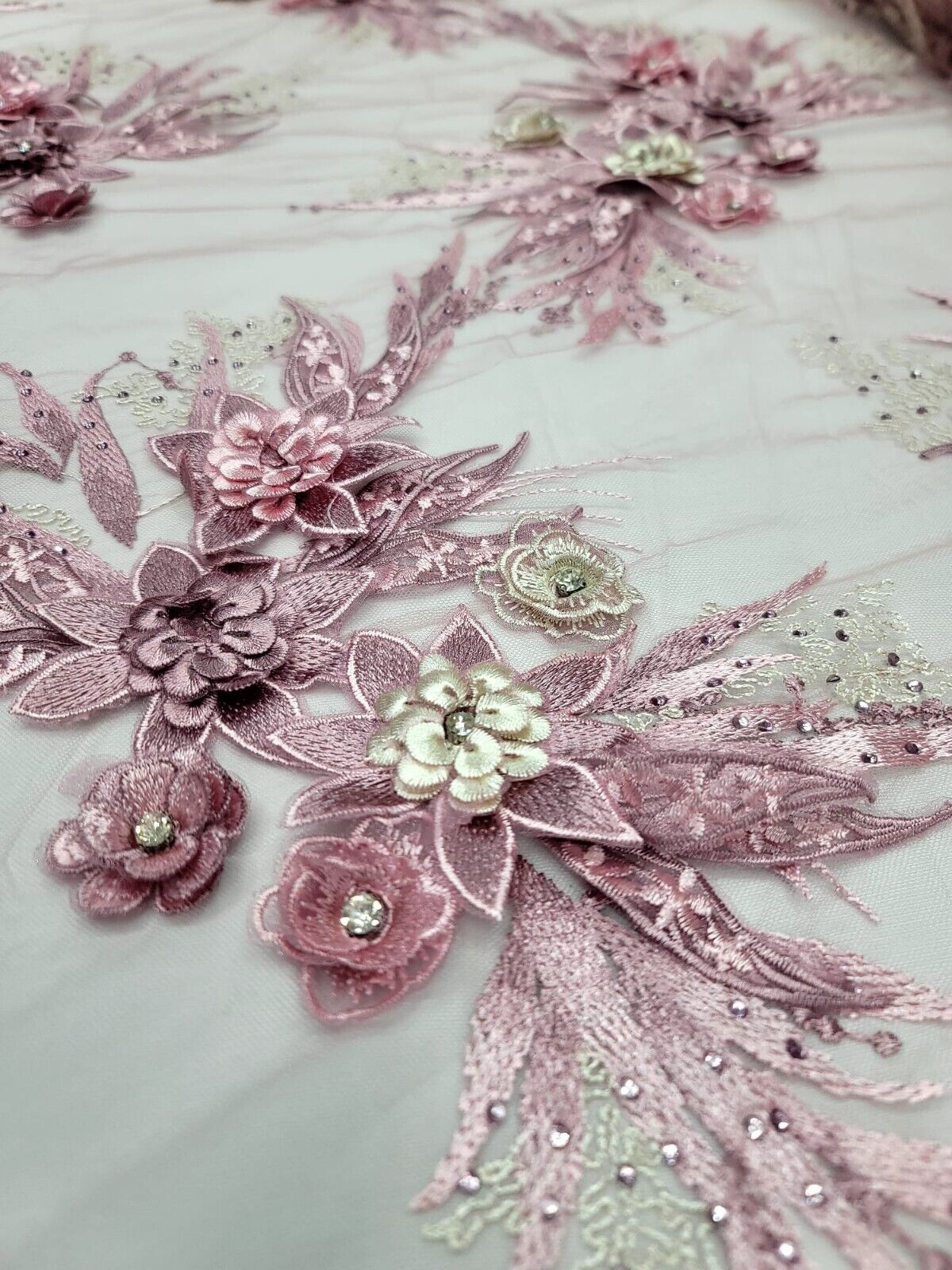 3D Embroidery Lace Fabric Dusty Rose