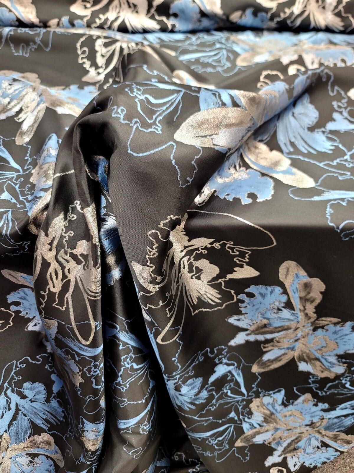 Brocade Jacquard Metallic Silver Blue Floral Black