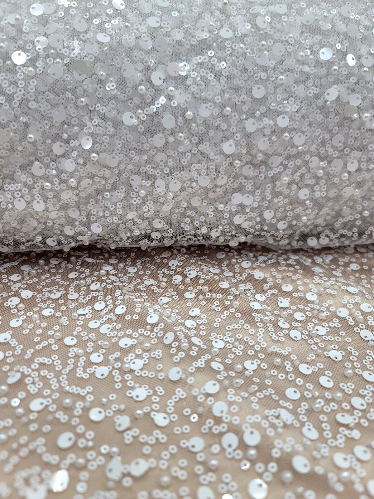 White Beaded Lace Fabric