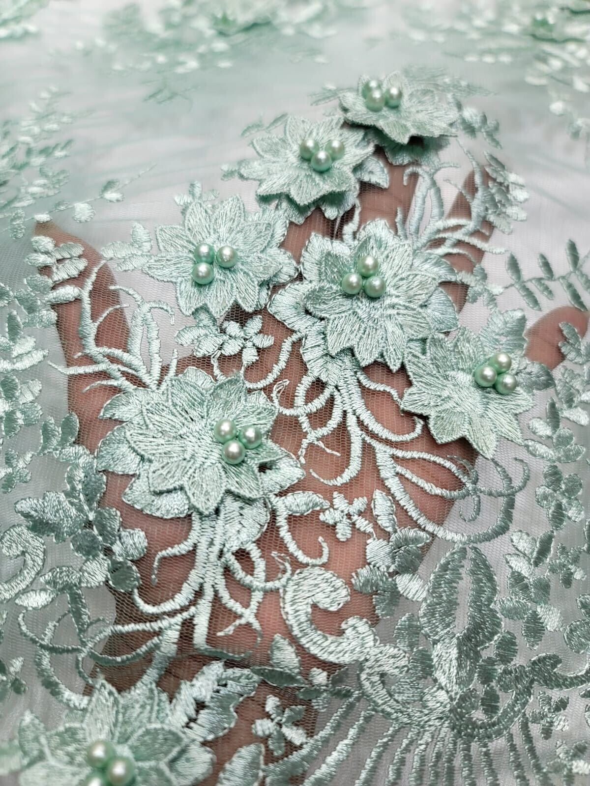 3D Floral Embroidery Beaded Mesh Lace Sage Green