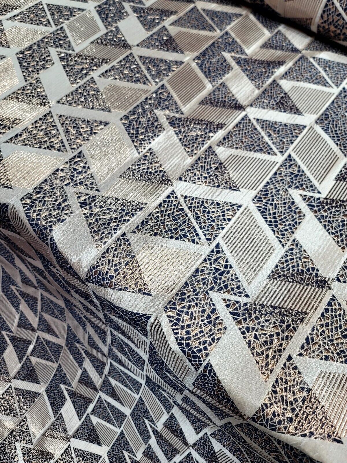 Brocade Jacquard Metallic Gold Geometric Navy Blue