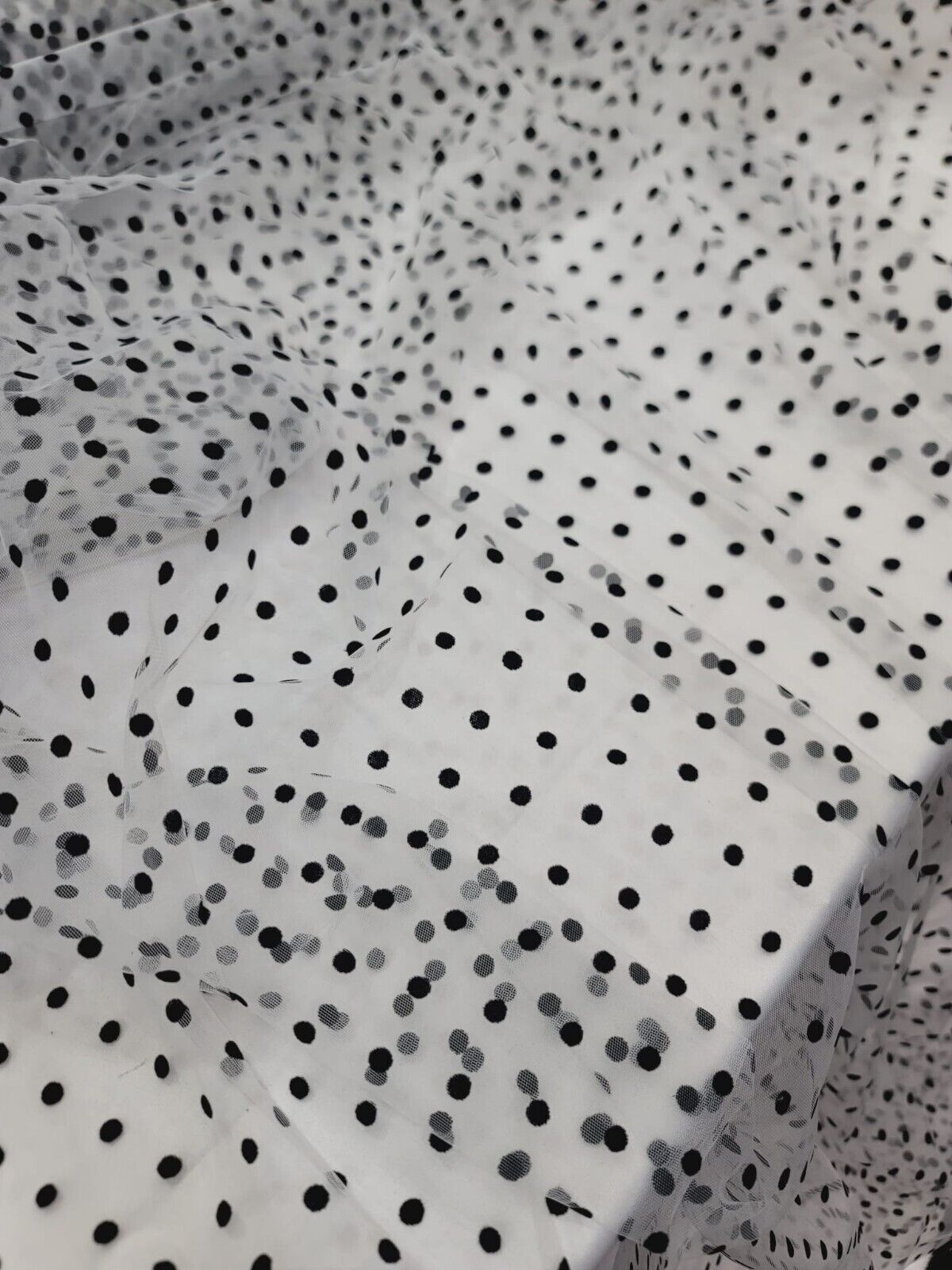 Tulle Mesh Fabric White with Black Velvet Polka Dots