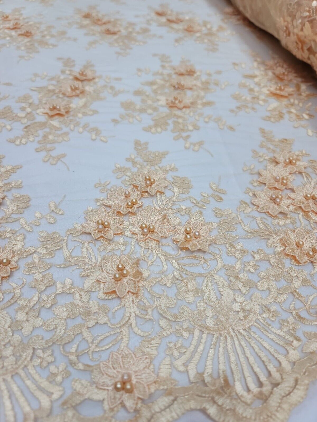 Beaded 3D Floral Lace Pale Yellow