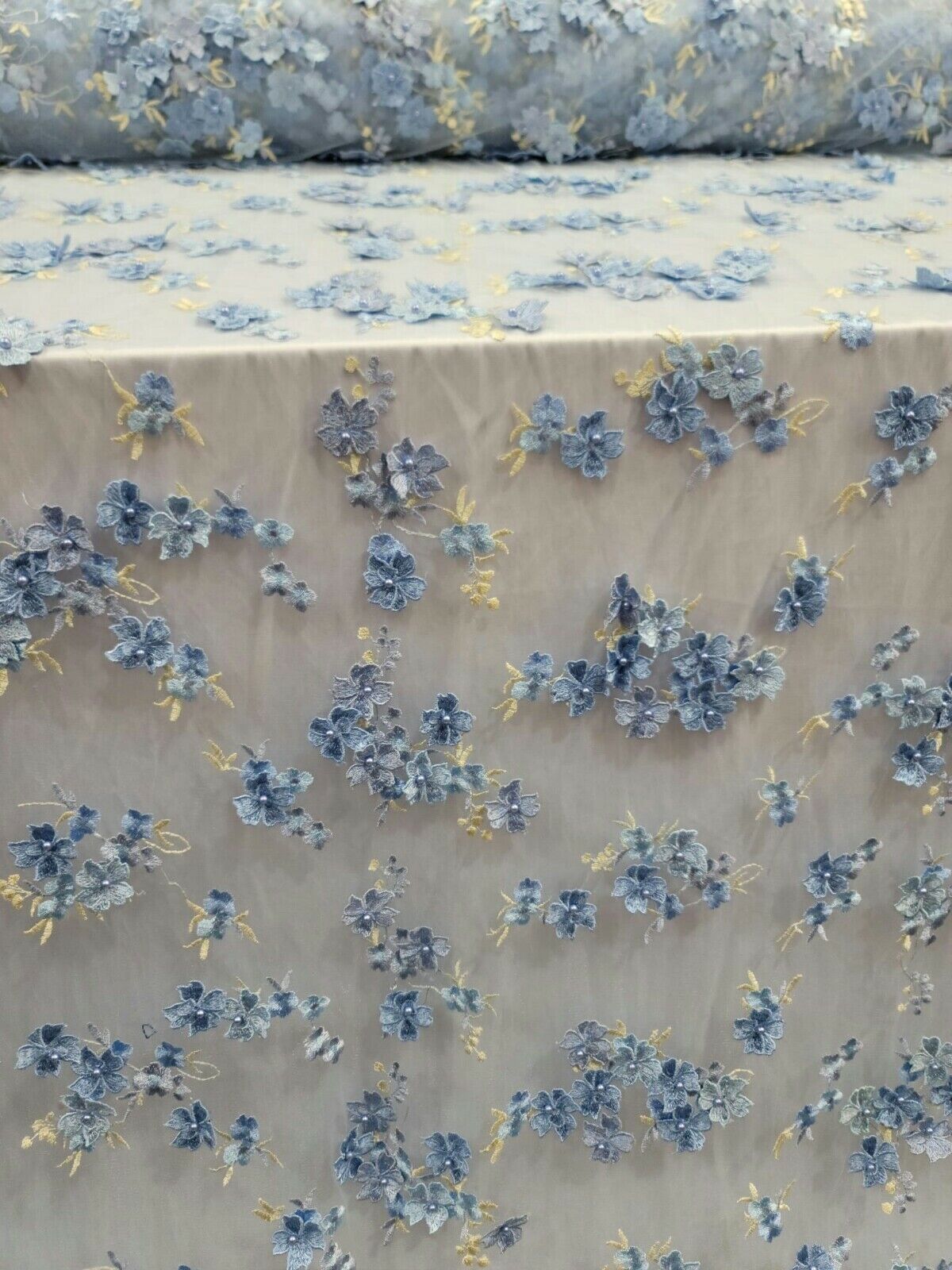 3D Floral Lace on Mesh Sky Blue and Light Yellow