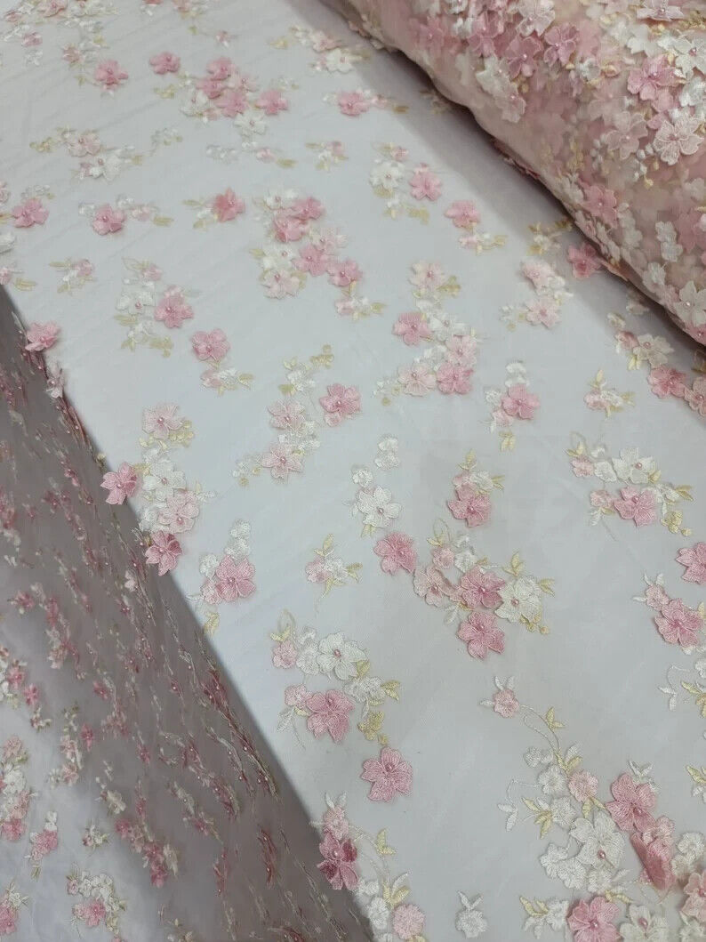 3D Floral Lace on Mesh Pink and Blush