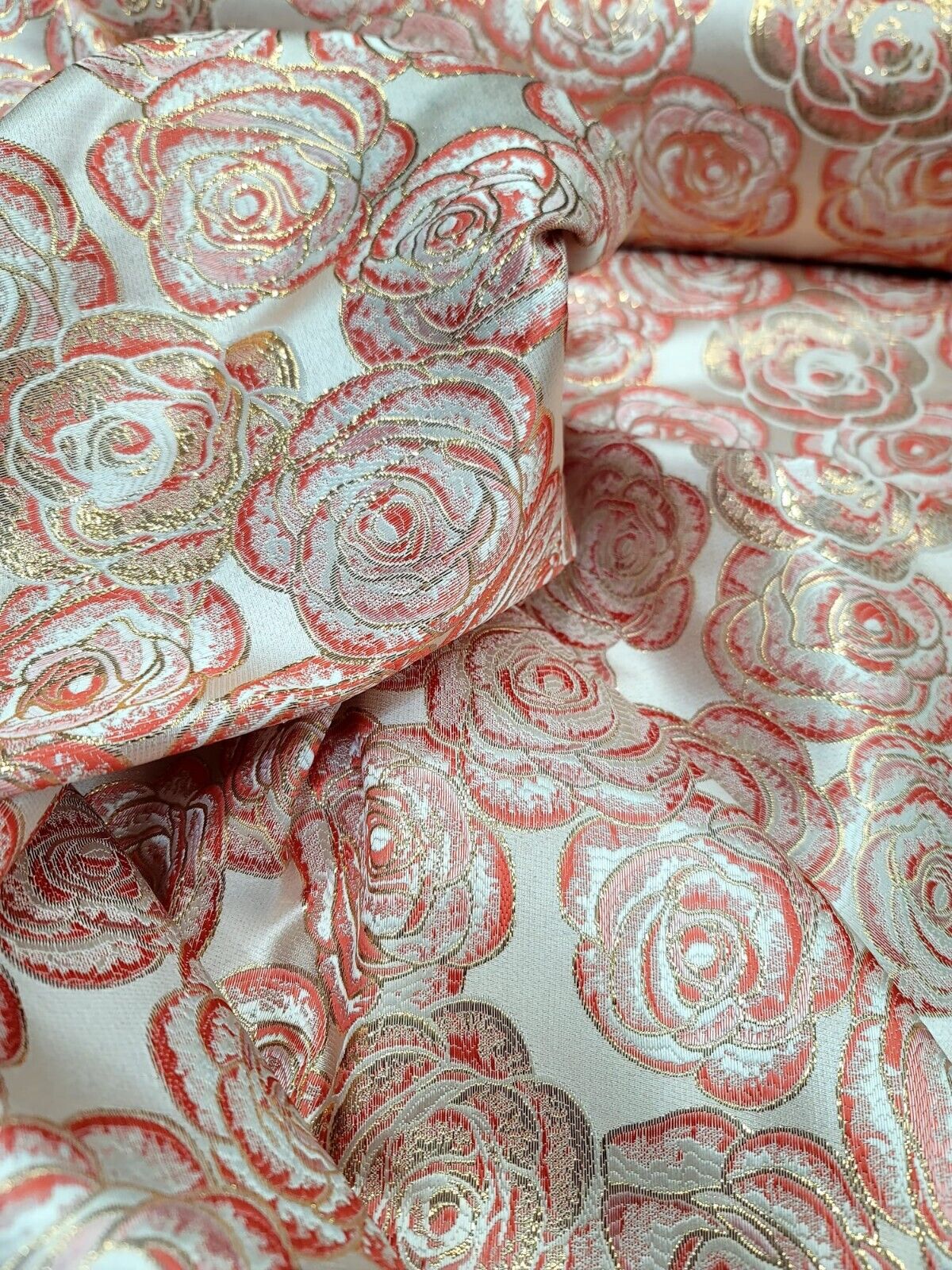 Brocade Jacquard Floral Coral Gold