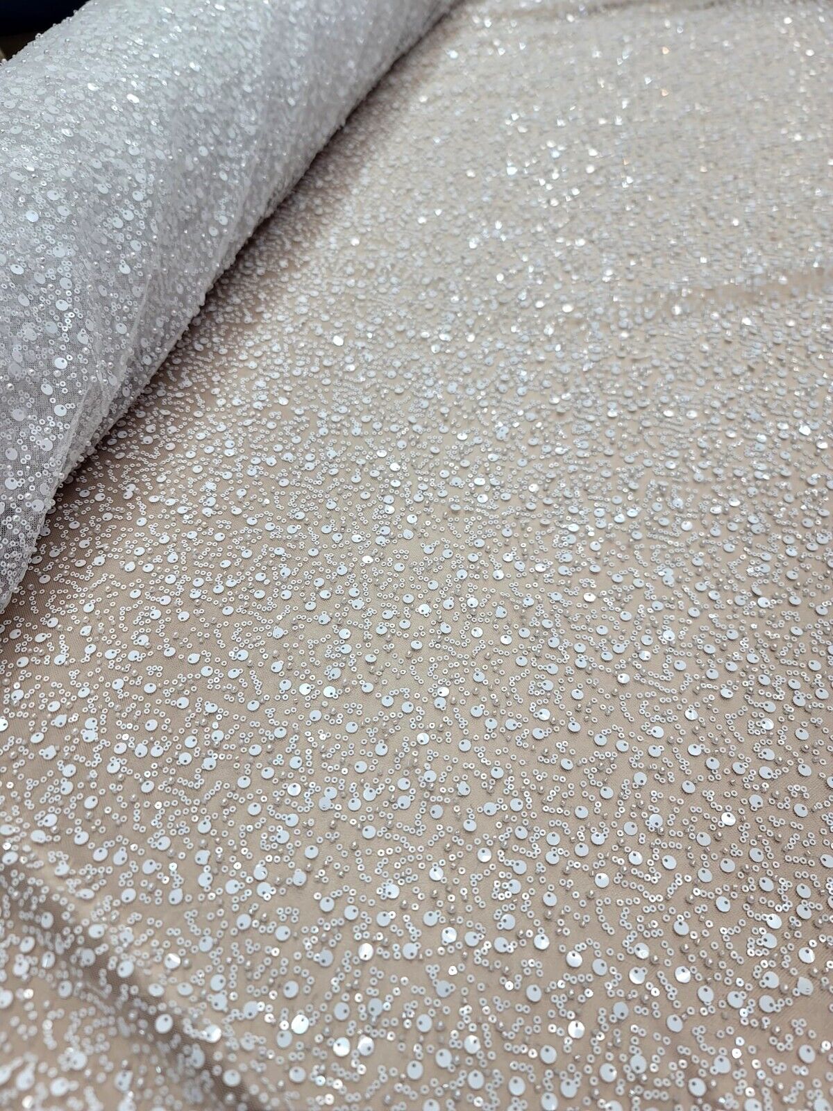 White Beaded Lace Fabric
