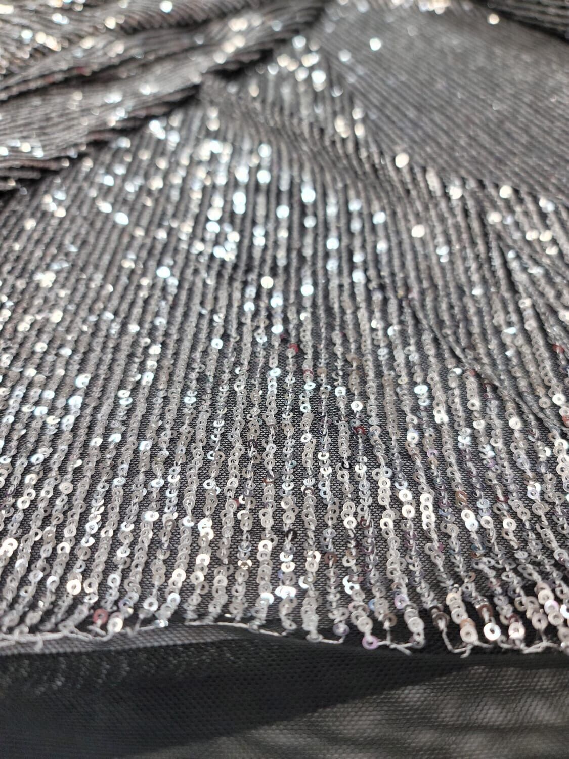 Sequin Stretch Mesh Fabric Silver on Black