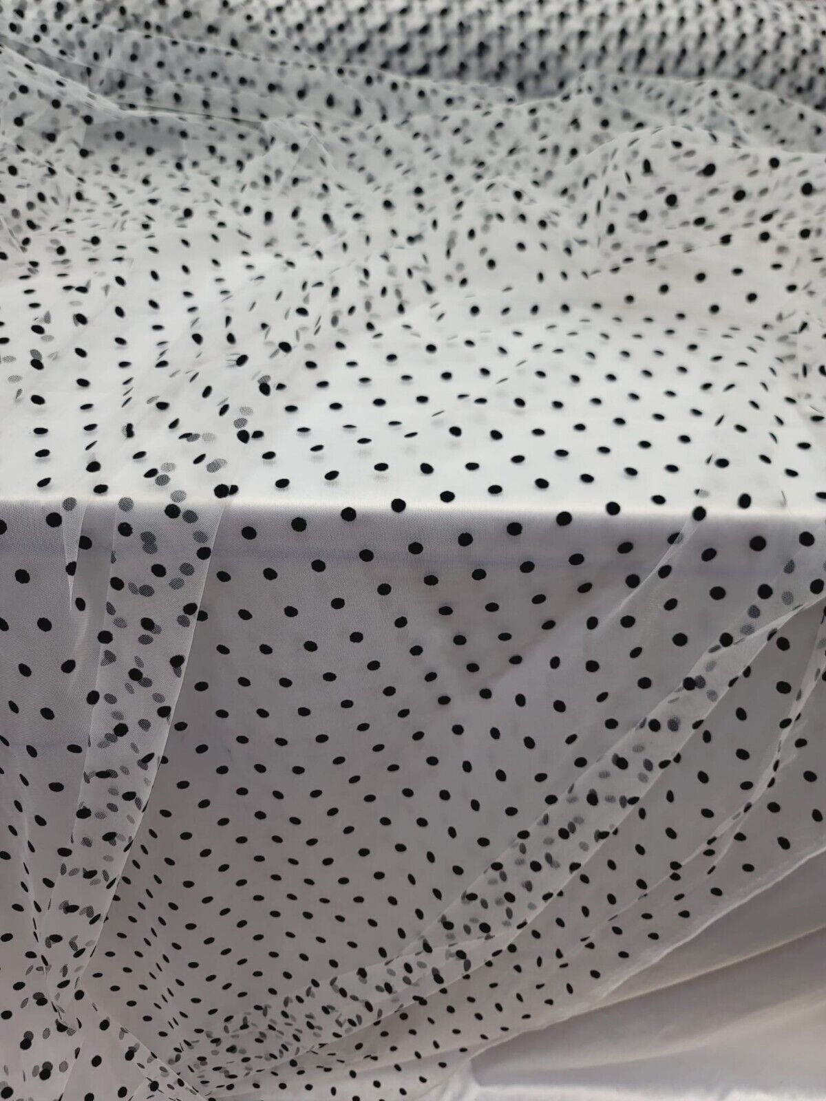 Tulle Mesh Fabric White with Black Velvet Polka Dots