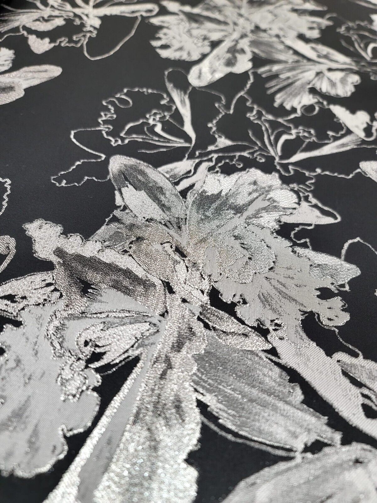 Silver Floral Black Brocade Fabric