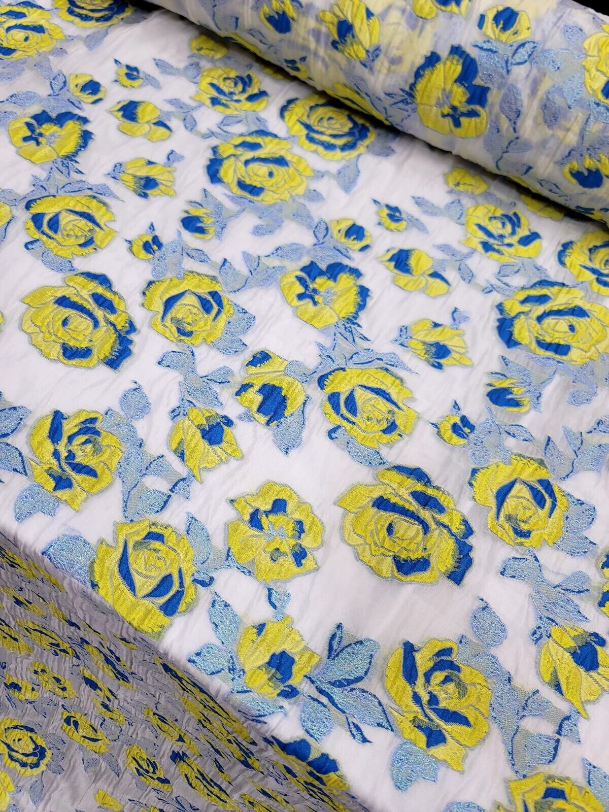 Brocade Jacquard Organza Fabric Yellow Royal Blue Floral