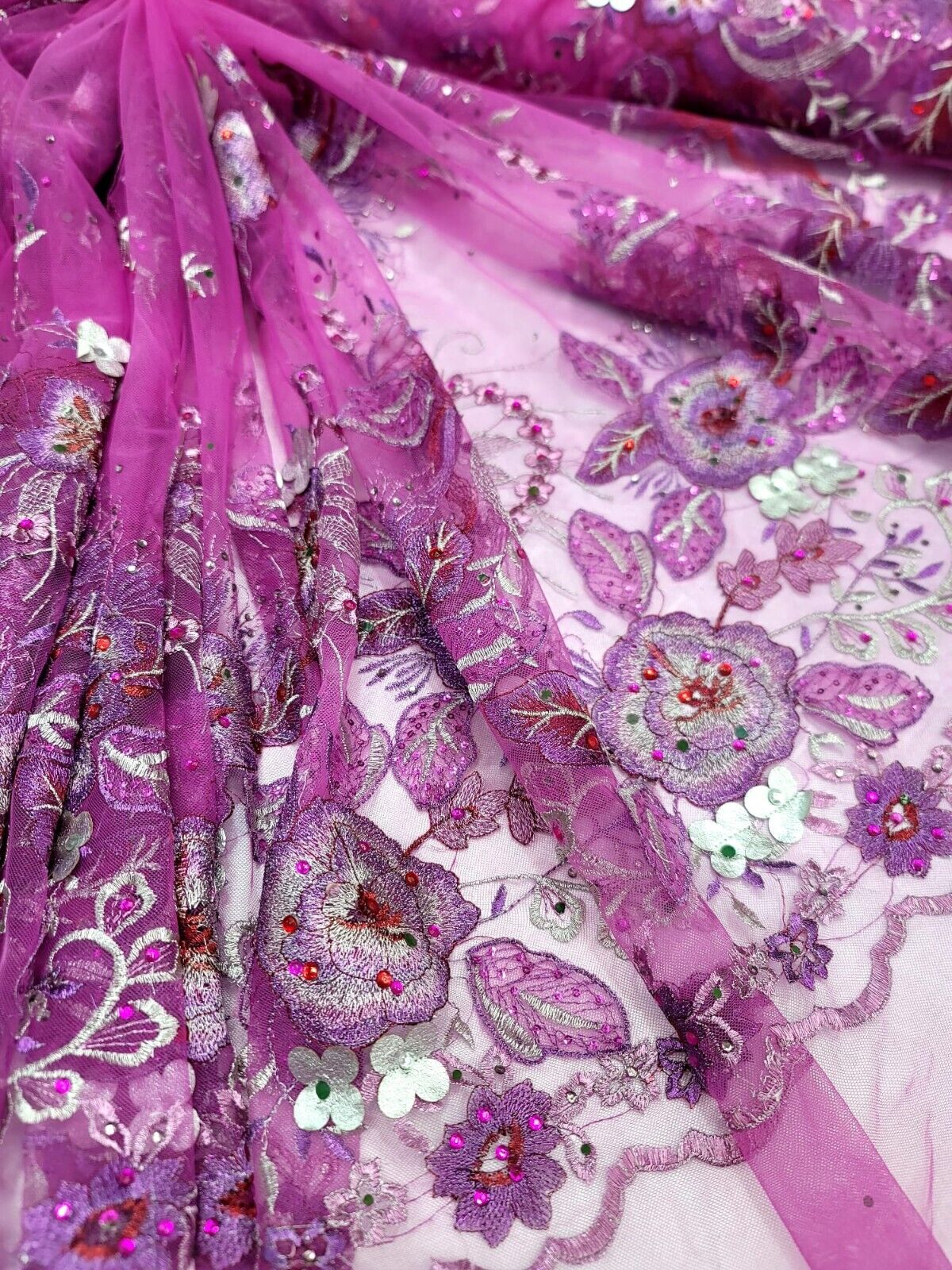 3D Floral Lace Purple with Silver Embroidery