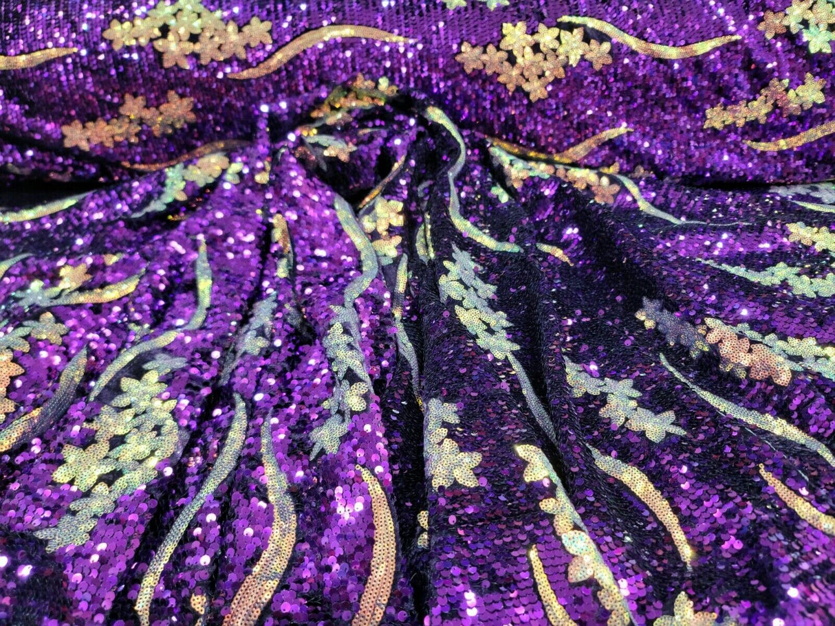 Purple Sequin Embroidery Stretch Velvet Fabric